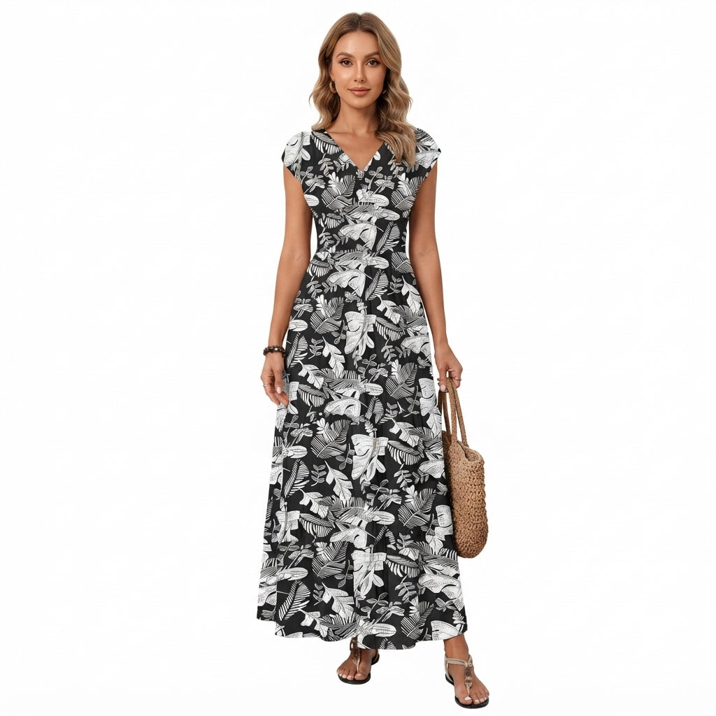 Margot | Tropical Leaf Print V-Neck Maxi Summer Dresses