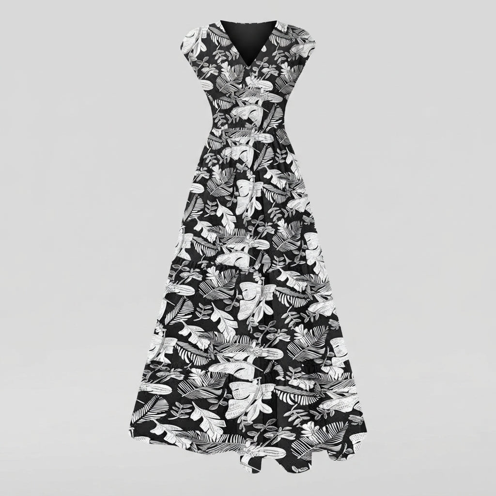 Margot | Tropical Leaf Print V-Neck Maxi Summer Dresses