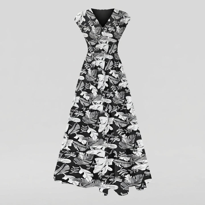 Margot | Tropical Leaf Print V-Neck Maxi Summer Dresses