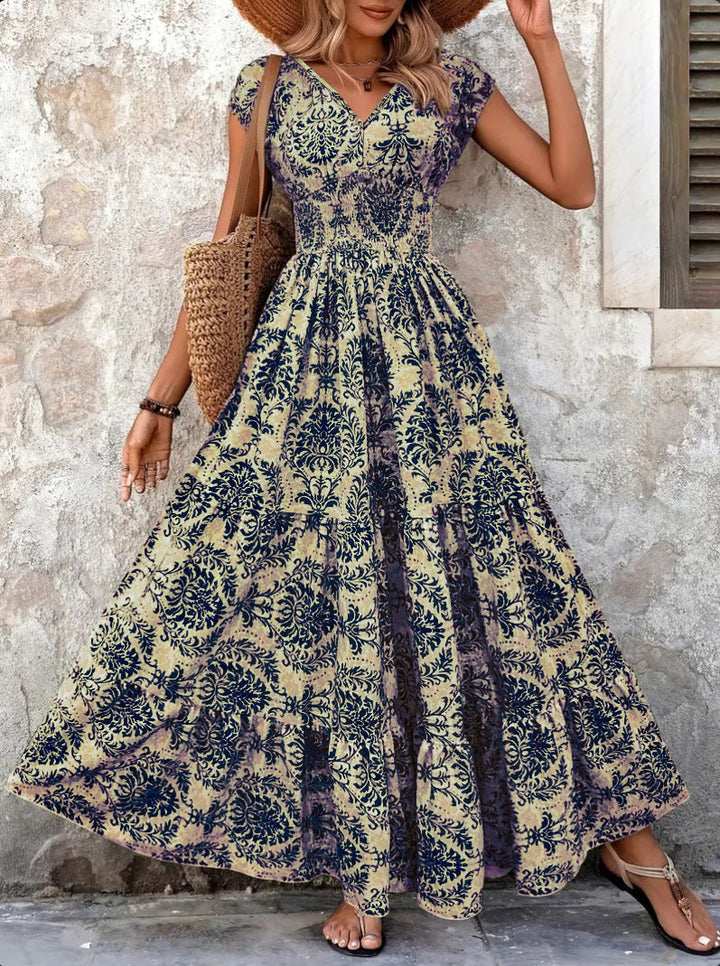 Margot | Tropical Leaf Print V-Neck Maxi Summer Dresses