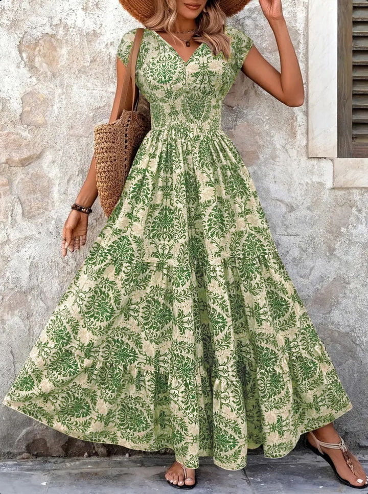 Margot | Tropical Leaf Print V-Neck Maxi Summer Dresses