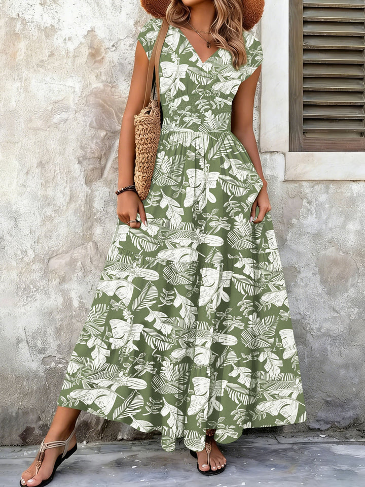 Margot | Tropical Leaf Print V-Neck Maxi Summer Dresses