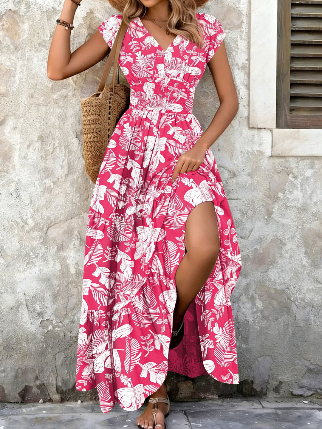 Margot | Tropical Leaf Print V-Neck Maxi Summer Dresses
