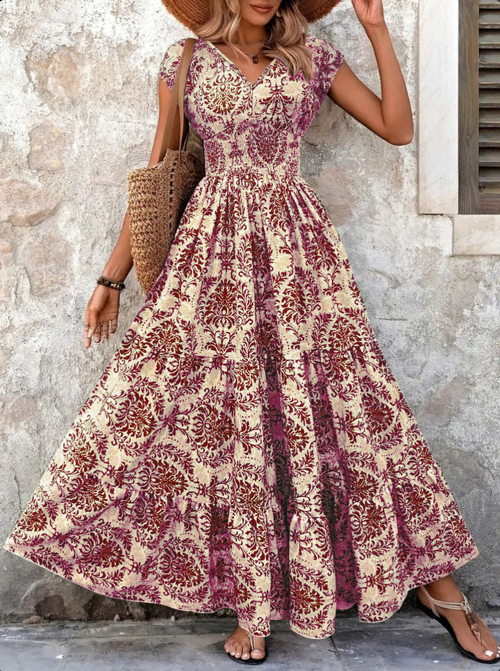 Margot | Tropical Leaf Print V-Neck Maxi Summer Dresses