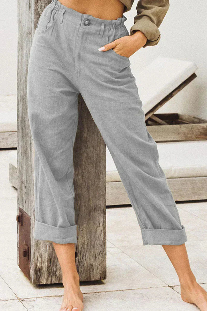 Matilda | Classic Wide Leg Linen Pants with Cuffed Hem
