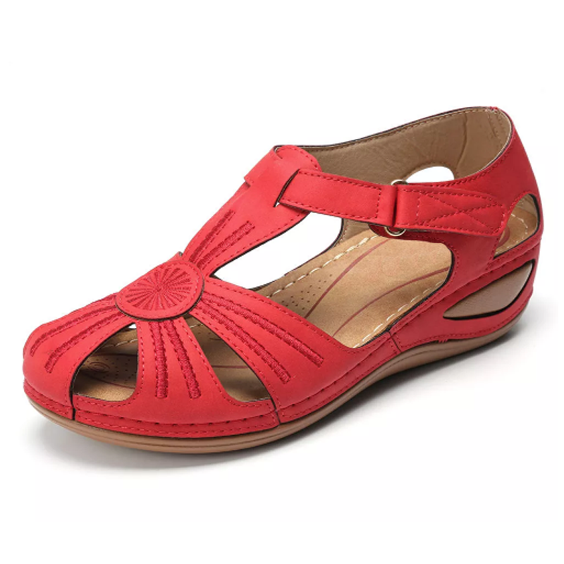 Matilda | Polished Round Toe Wedges with Embroidered Strap Detail