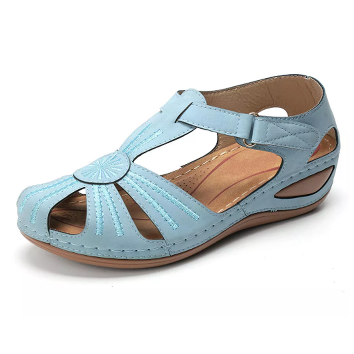 Matilda | Polished Round Toe Wedges with Embroidered Strap Detail