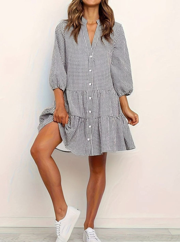 Maya | Cosy Gingham Tiered Mini Dress with Puff Sleeves