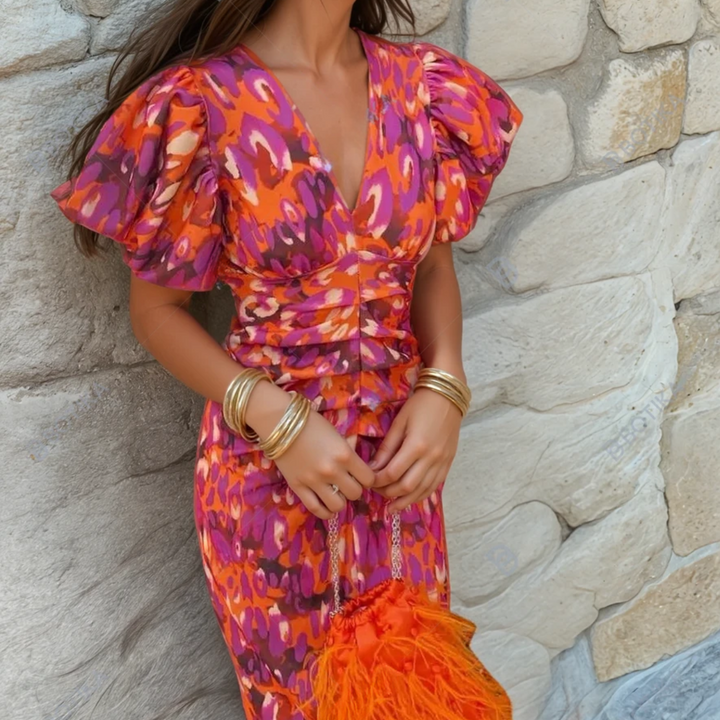 Maya | Effortless Abstract Print Puff Sleeve Race Dress
