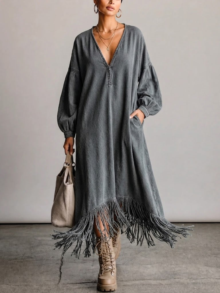 Maya | Sophisticated Fringe Hem V-Neck Denim Dress with Lantern Sleeves