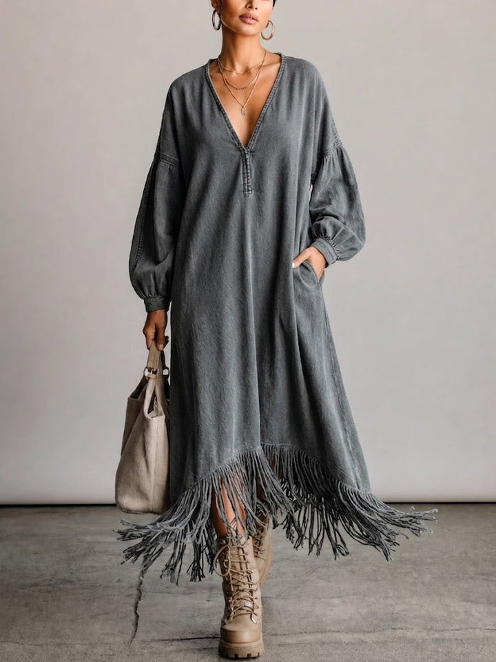 Maya | Sophisticated Fringe Hem V-Neck Denim Dress with Lantern Sleeves