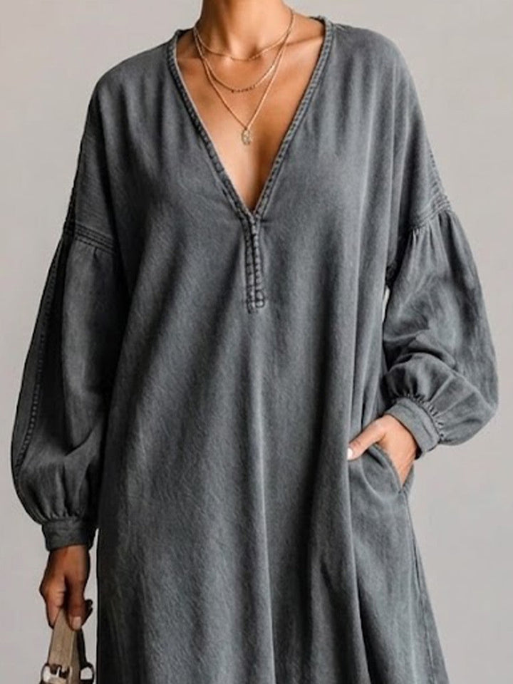 Maya | Sophisticated Fringe Hem V-Neck Denim Dress with Lantern Sleeves