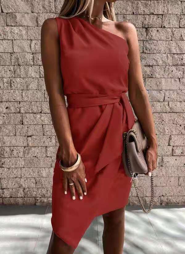Maya | Sophisticated One Shoulder Tie Waist Christmas Dress