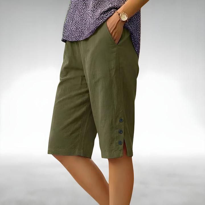 Maya | Stylish Wide Leg Linen Shorts with Button Hem Detail