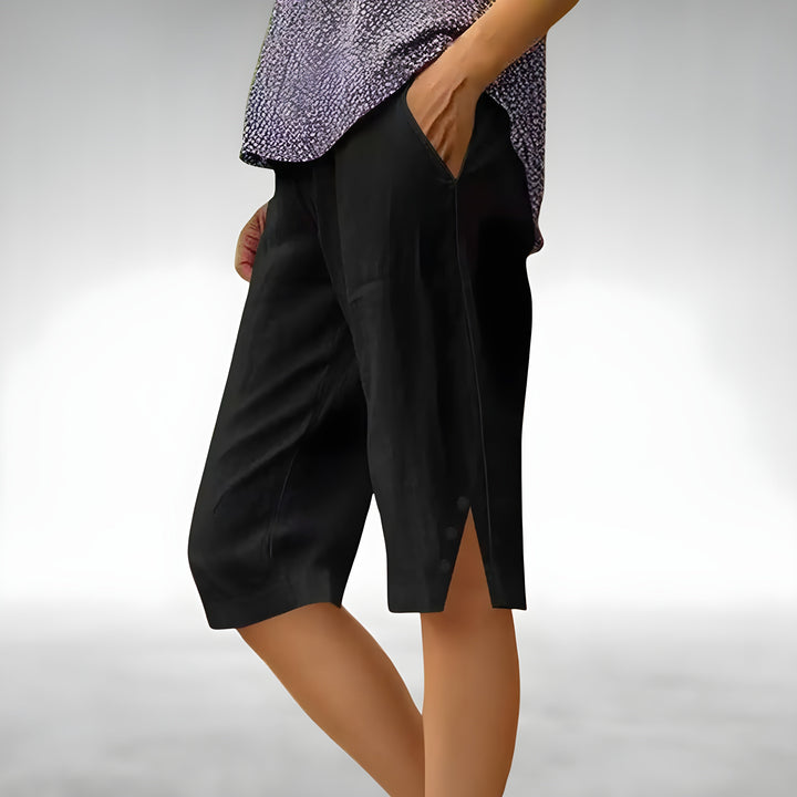 Maya | Stylish Wide Leg Linen Shorts with Button Hem Detail