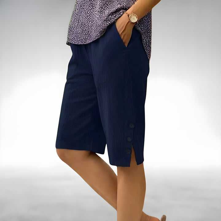 Maya | Stylish Wide Leg Linen Shorts with Button Hem Detail
