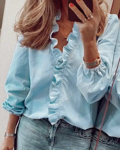 Mia | Classic Ruffle V-Neck Long Sleeve Blouse