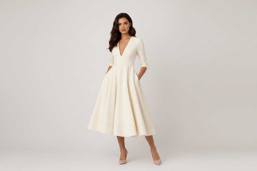 Mia | Refined V-Neck Fit-and-Flare Midi Cocktail Dress