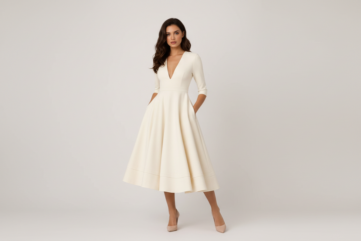 Mia | Refined V-Neck Fit-and-Flare Midi Cocktail Dress