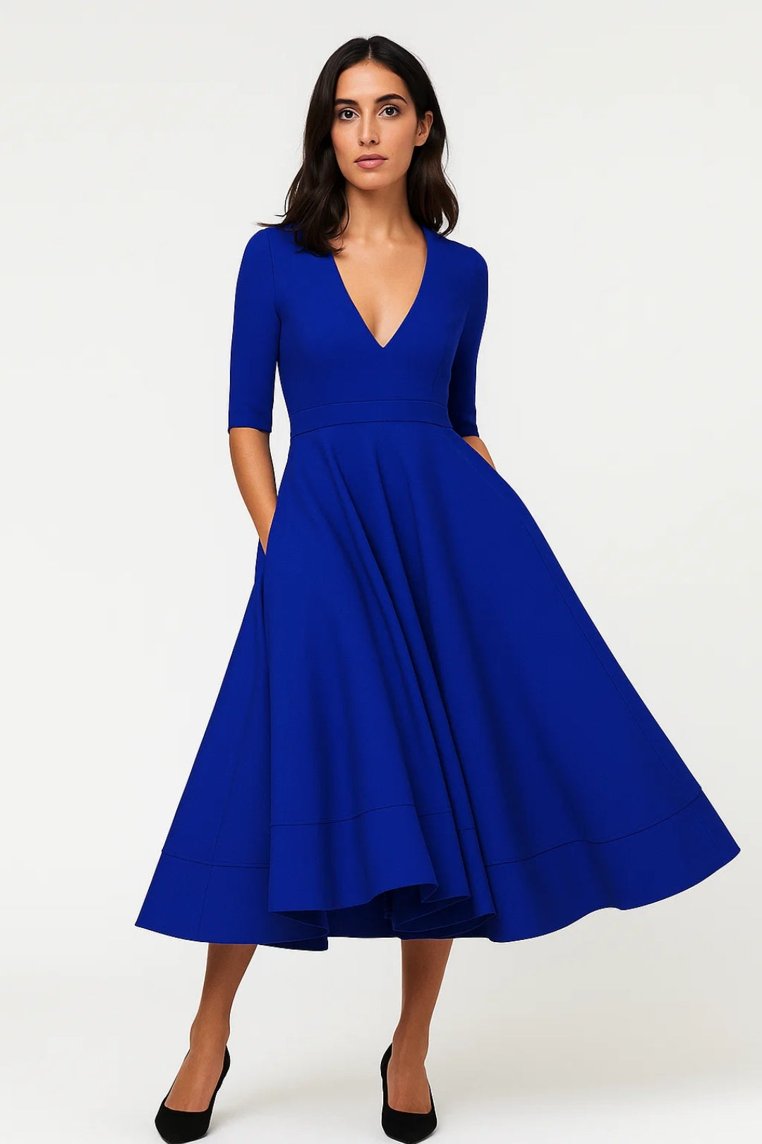 Mia | Refined V-Neck Fit-and-Flare Midi Cocktail Dress