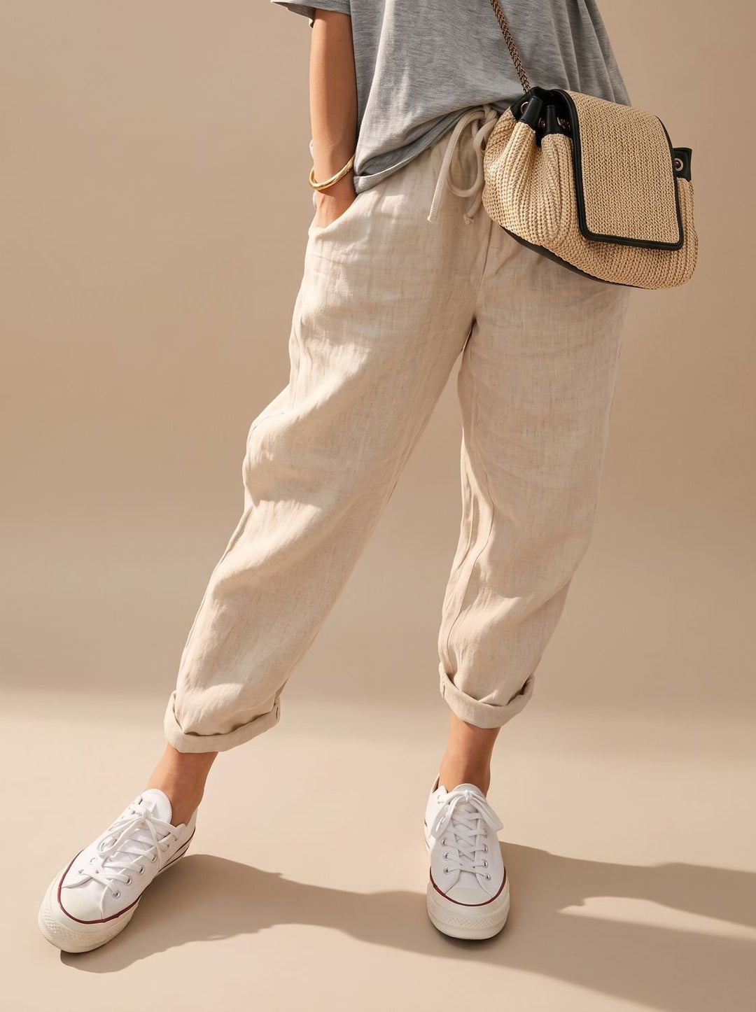 Mia | Relaxed Drawstring Linen Pants with Cuffed Ankle