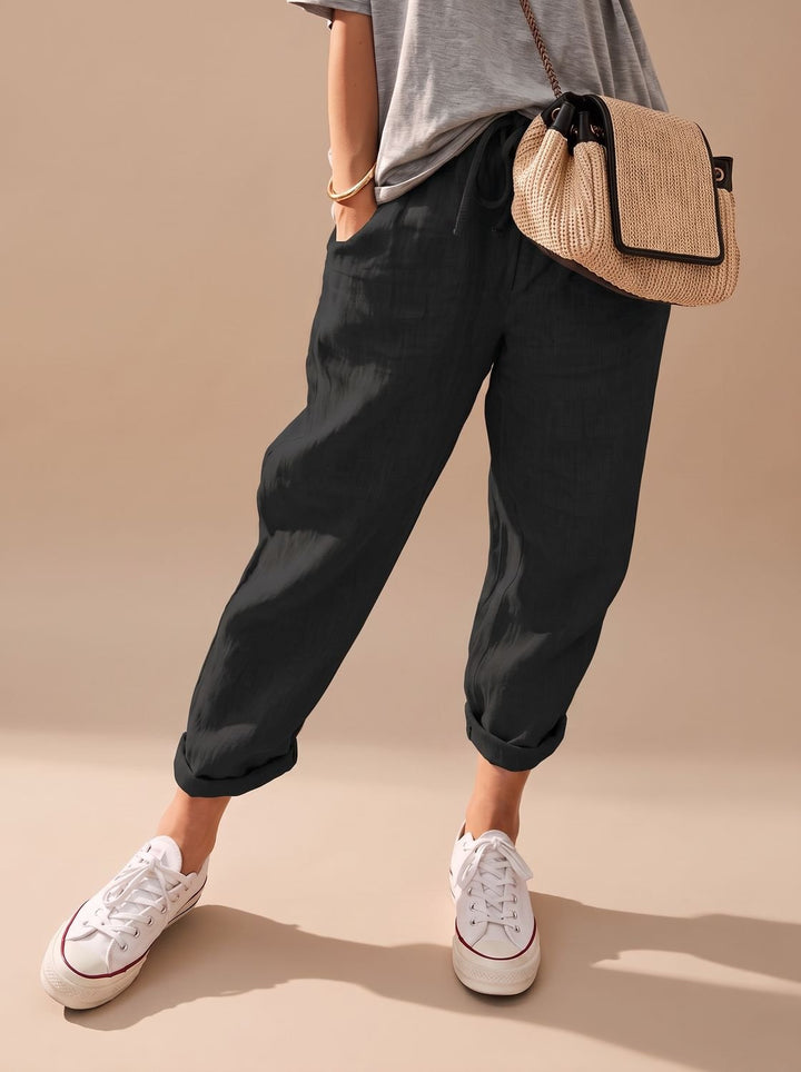 Mia | Relaxed Drawstring Linen Pants with Cuffed Ankle