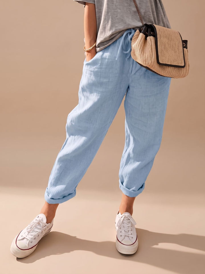 Mia | Relaxed Drawstring Linen Pants with Cuffed Ankle