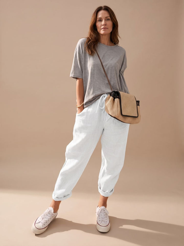 Mia | Relaxed Drawstring Linen Pants with Cuffed Ankle