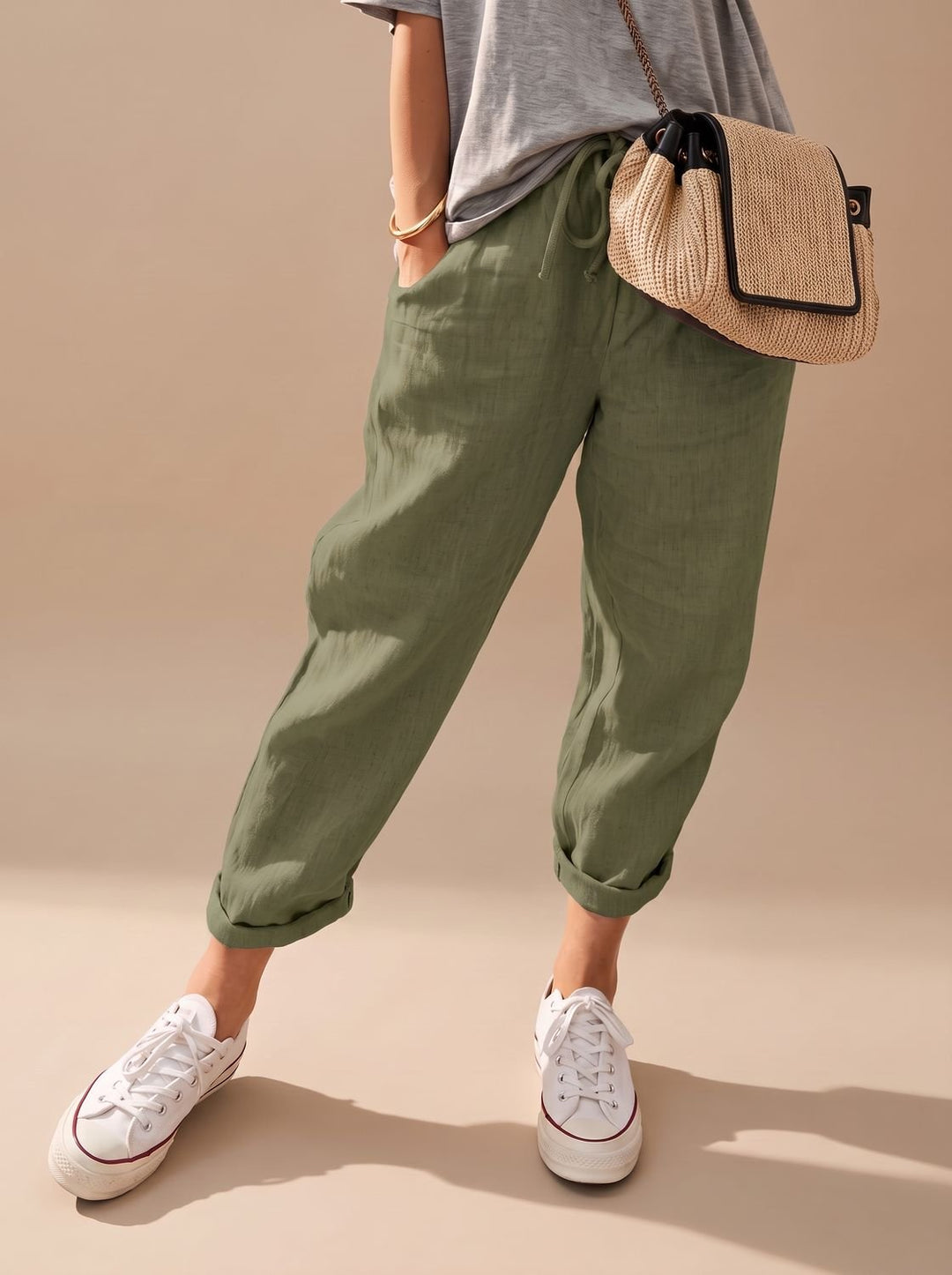 Mia | Relaxed Drawstring Linen Pants with Cuffed Ankle