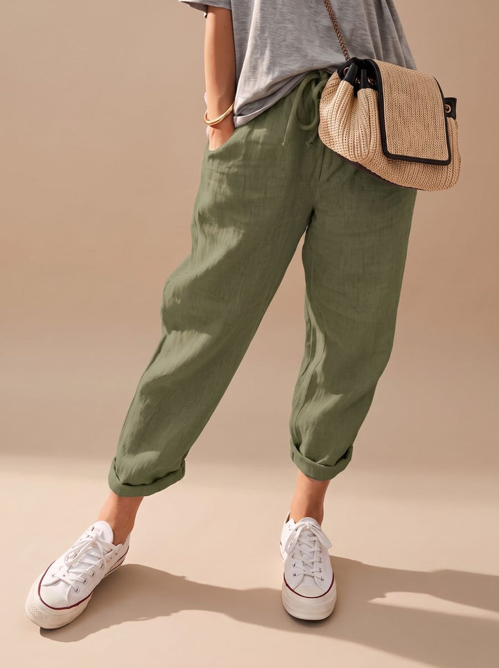 Mia | Relaxed Drawstring Linen Pants with Cuffed Ankle