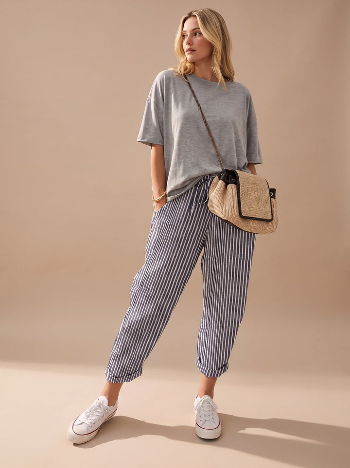 Mia | Relaxed Drawstring Linen Pants with Cuffed Ankle