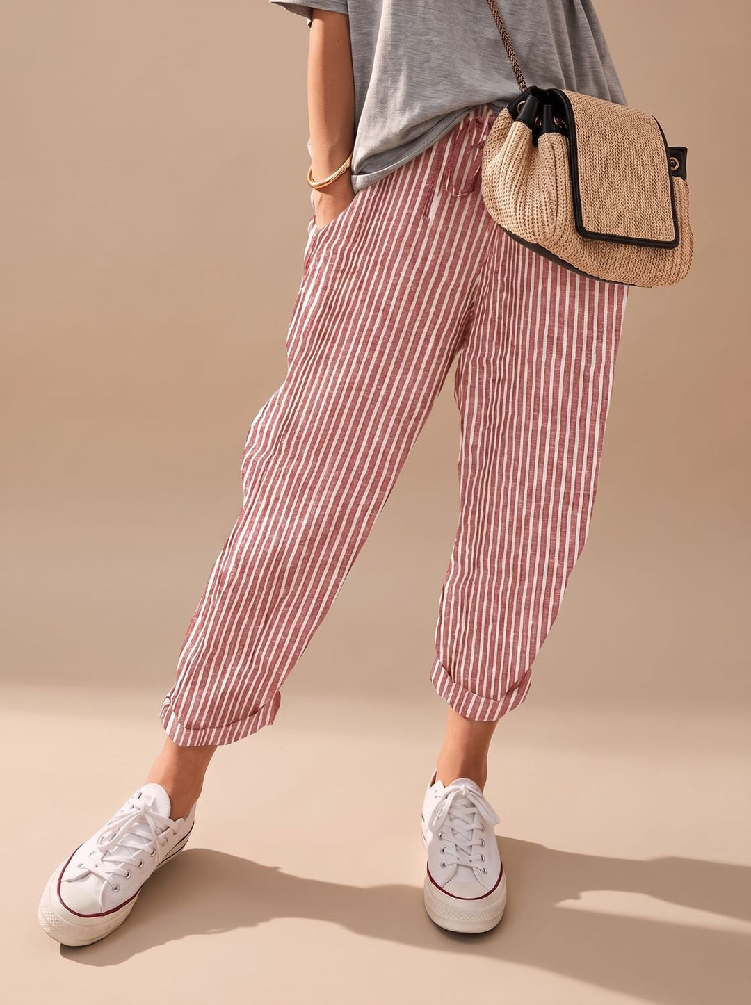 Mia | Relaxed Drawstring Linen Pants with Cuffed Ankle