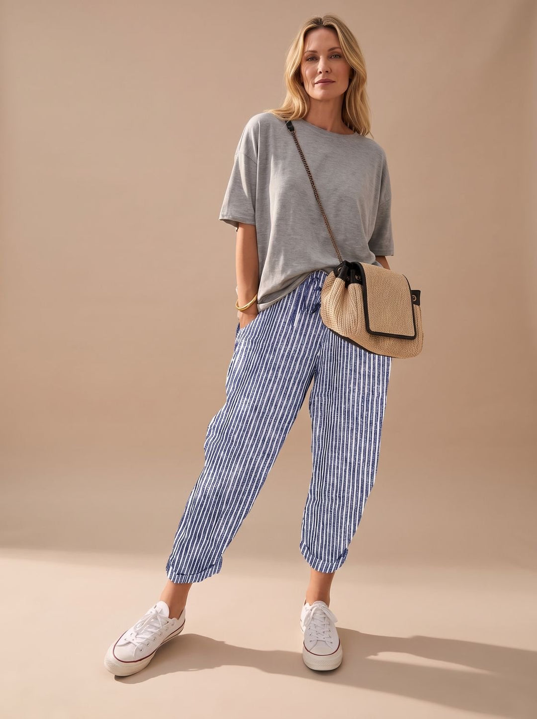 Mia | Relaxed Drawstring Linen Pants with Cuffed Ankle
