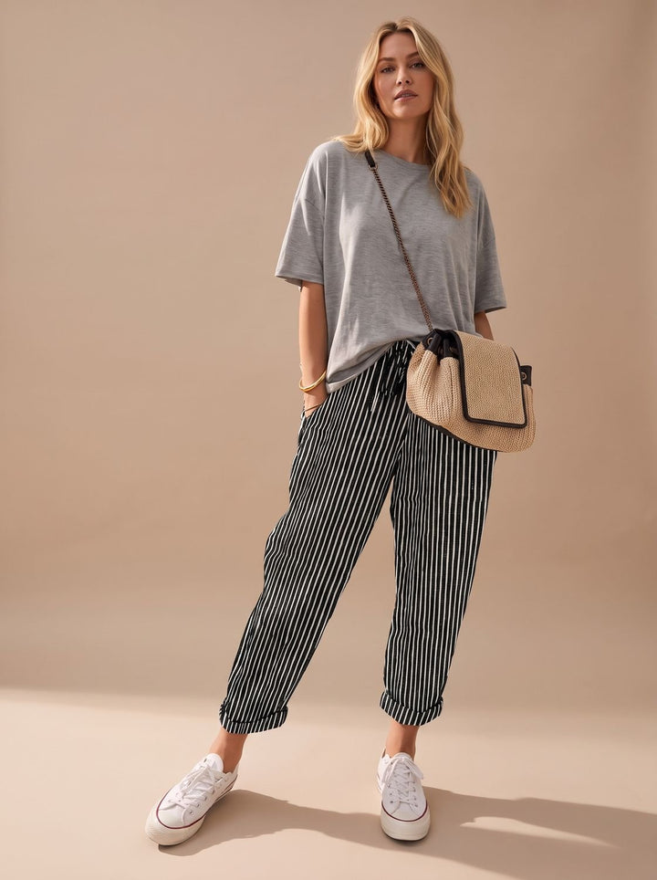 Mia | Relaxed Drawstring Linen Pants with Cuffed Ankle