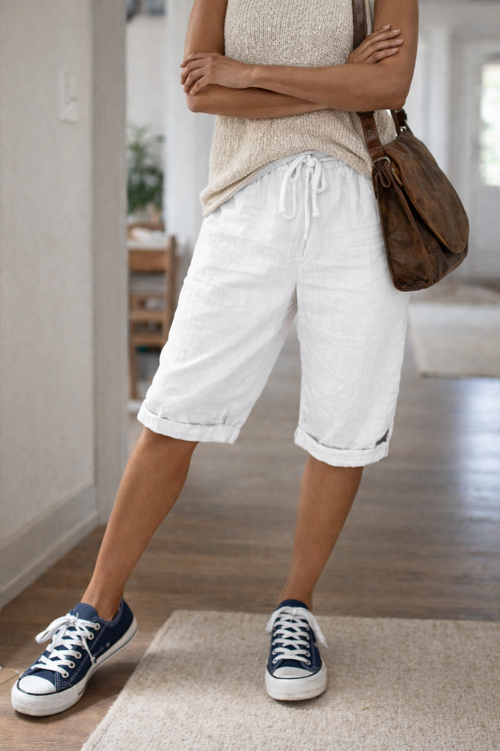 Mia | Sophisticated Knee-Length Linen Shorts with Drawstring Waist