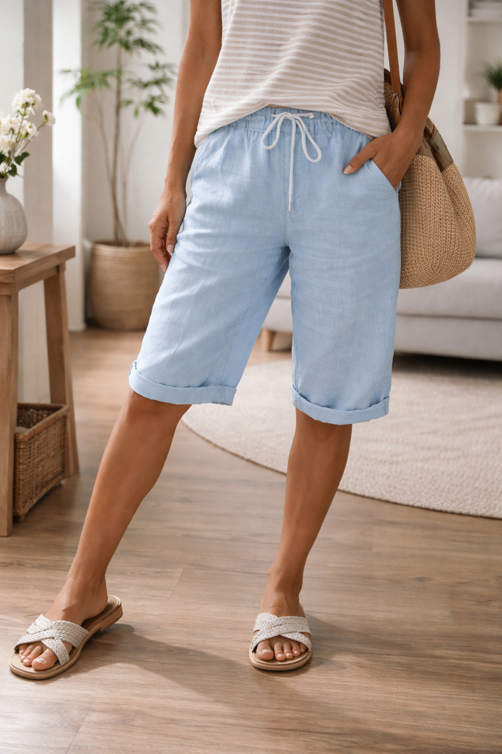 Mia | Sophisticated Knee-Length Linen Shorts with Drawstring Waist