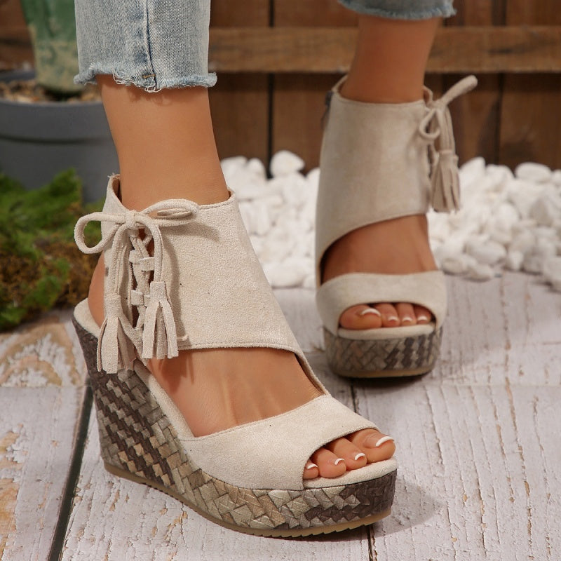 Mia | Timeless Woven Wedge Sandals with Tassel Tie Detail