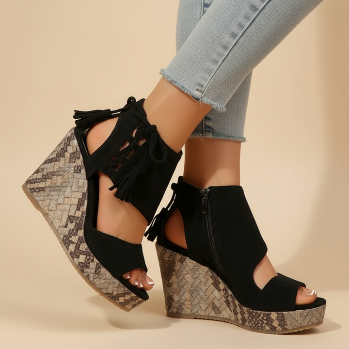 Mia | Timeless Woven Wedge Sandals with Tassel Tie Detail