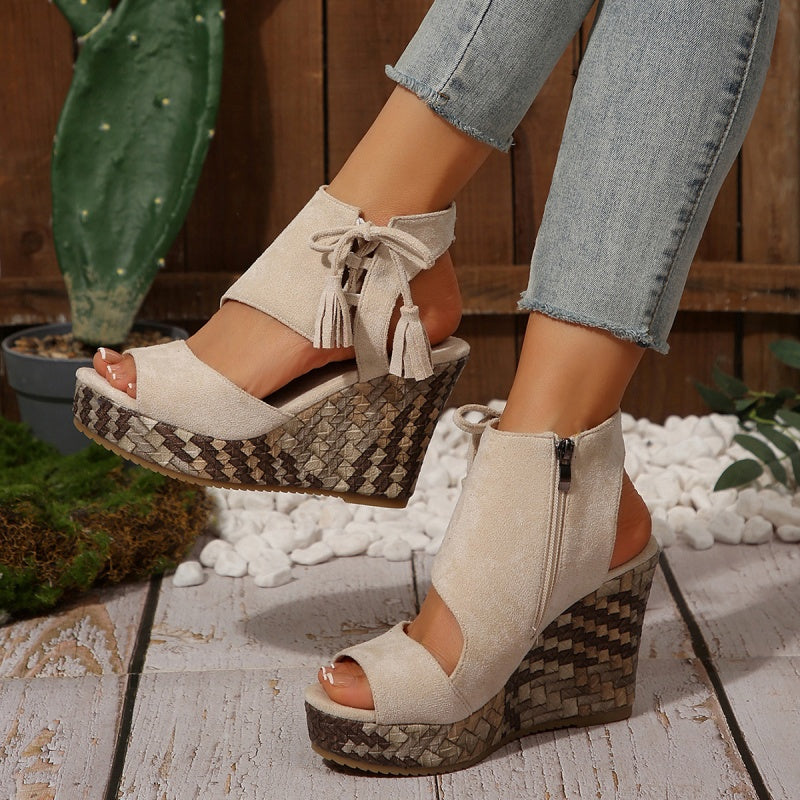 Mia | Timeless Woven Wedge Sandals with Tassel Tie Detail