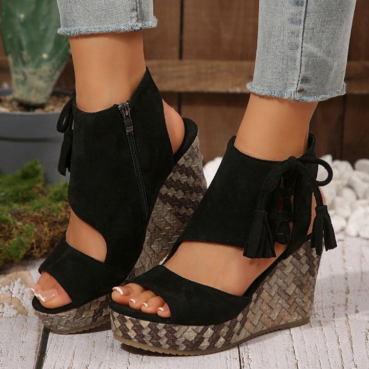 Mia | Timeless Woven Wedge Sandals with Tassel Tie Detail