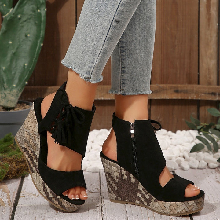 Mia | Timeless Woven Wedge Sandals with Tassel Tie Detail
