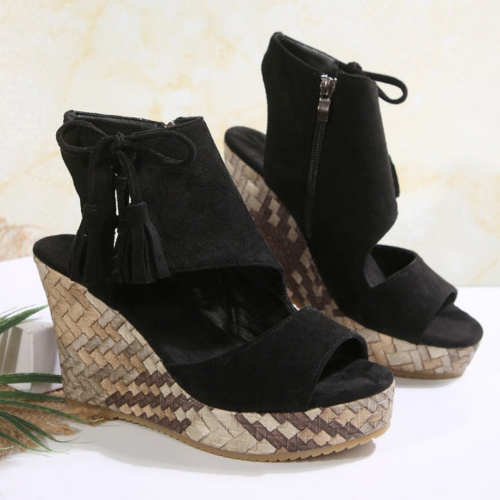 Mia | Timeless Woven Wedge Sandals with Tassel Tie Detail