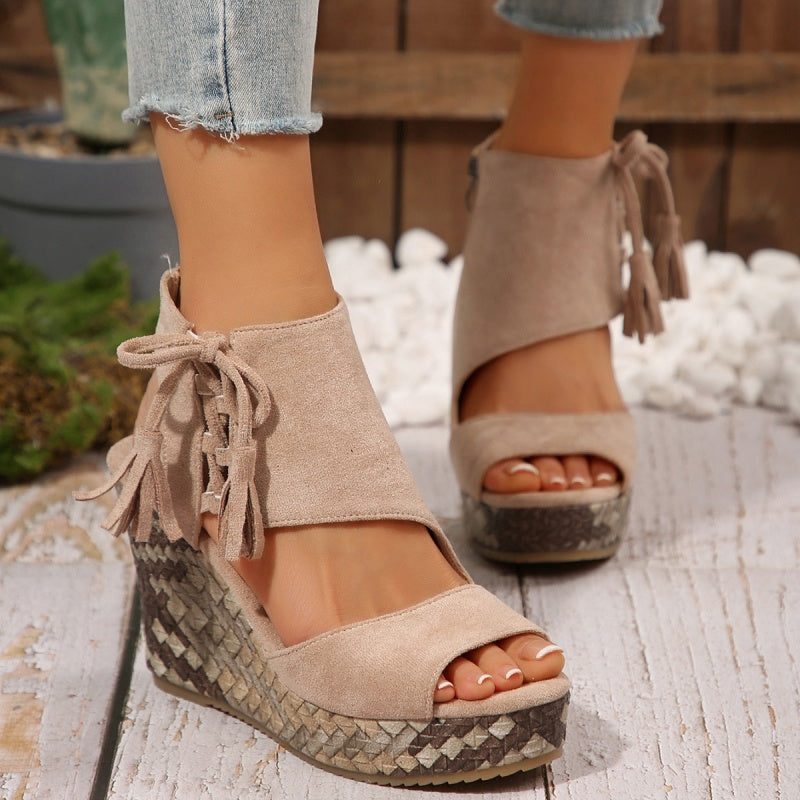 Mia | Timeless Woven Wedge Sandals with Tassel Tie Detail