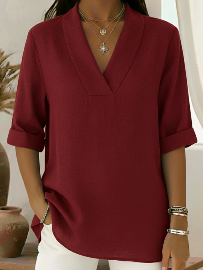 Millie | Effortless V Neck Roll Sleeve Linen Shirt Tunic Top