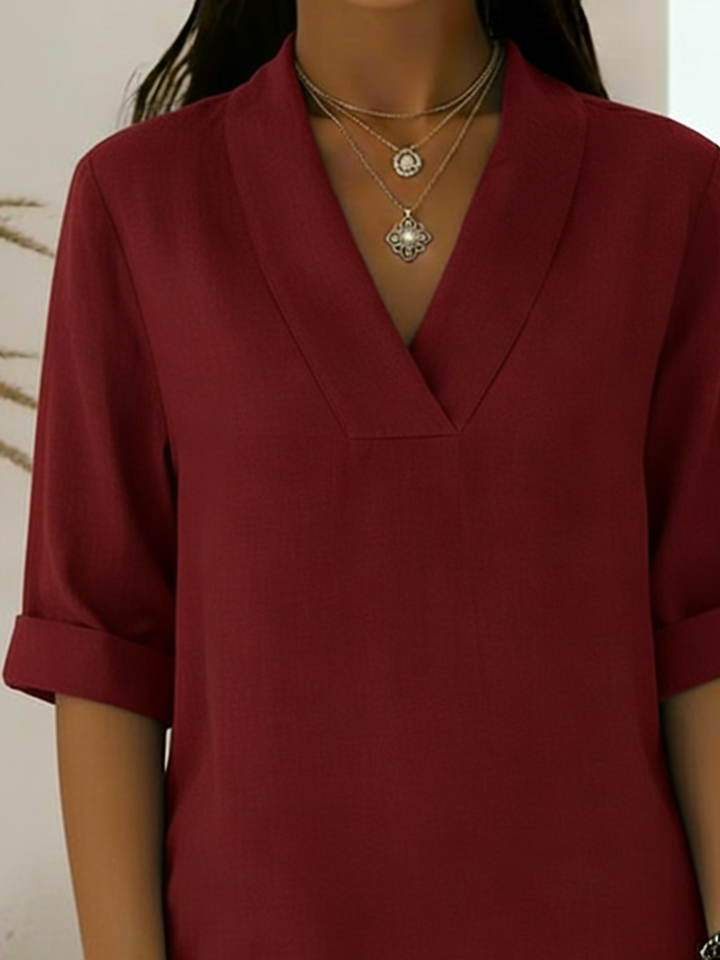 Millie | Effortless V Neck Roll Sleeve Linen Shirt Tunic Top