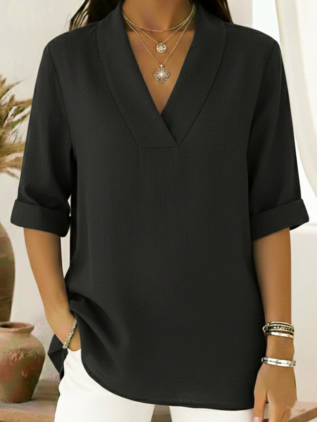 Millie | Effortless V Neck Roll Sleeve Linen Shirt Tunic Top