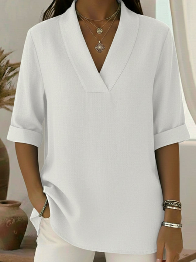 Millie | Effortless V Neck Roll Sleeve Linen Shirt Tunic Top
