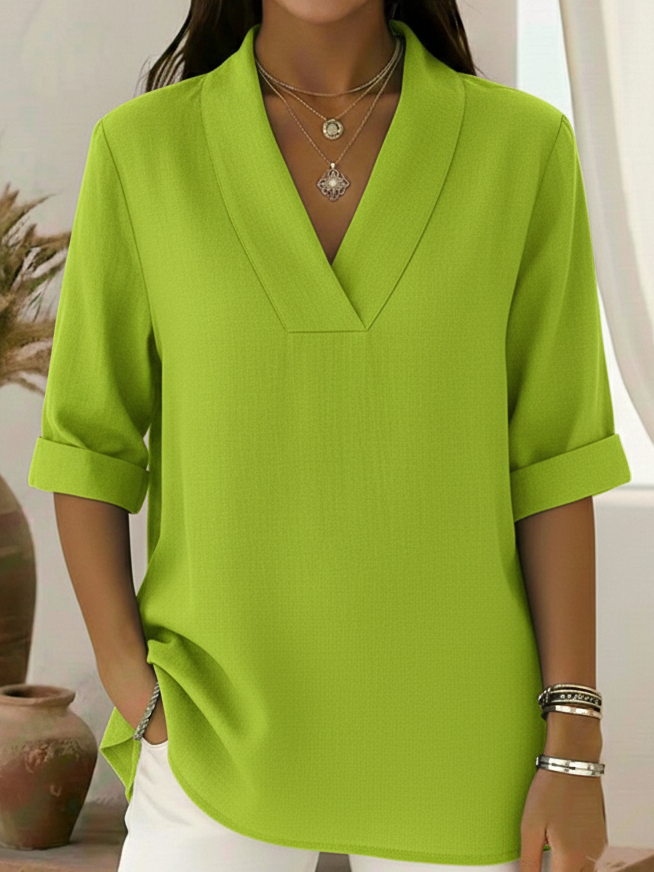 Millie | Effortless V Neck Roll Sleeve Linen Shirt Tunic Top
