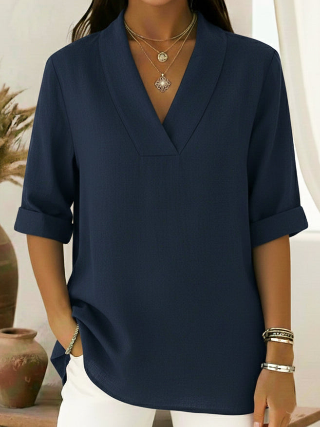 Millie | Effortless V Neck Roll Sleeve Linen Shirt Tunic Top