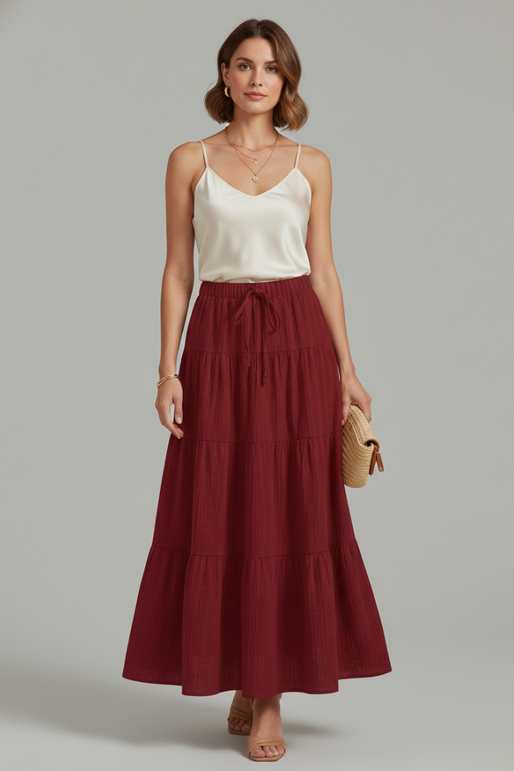 Millie | Elastic Waist Tiered A-Line Maxi Skirt